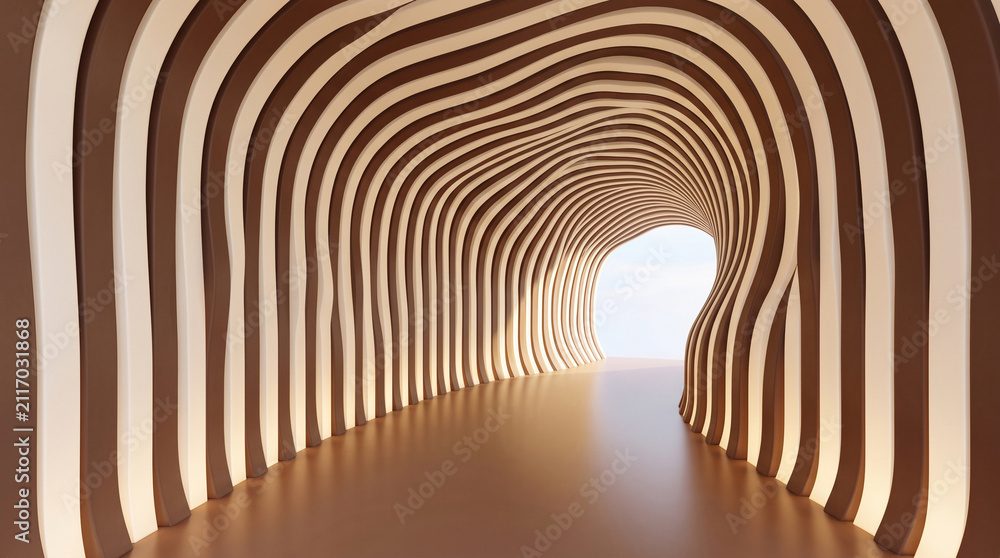 Obraz premium Abstract tunnel with wavy brown and white stripes, modern architectural design, 3d rendering of a futuristic corridor with organic flowing shapes and soft lighting leading to a bright exit