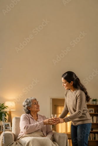 Family member offering water to older woman