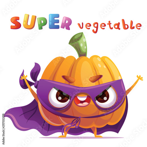 Cute pumpkin vegetable character dressed as a superhero standing in a heroic pose with a mask and a flowing cape. Bright playful headline in a colorful kids style is placed above the character. Fun
