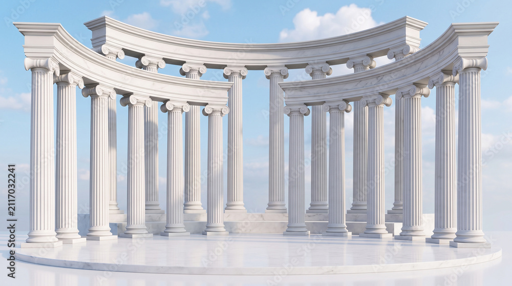 Fototapeta premium Classical architecture with white marble columns arranged in a semicircle on a podium against a clear blue sky background