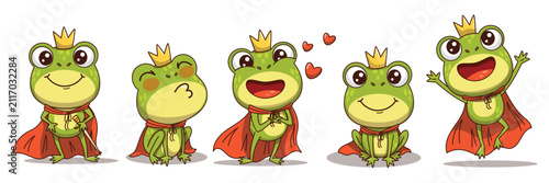 Cute green frog prince cartoon character with bold outline wearing a golden crown and a red royal cape. The collection includes five charming poses standing, sitting, blowing a kiss, jumping, and