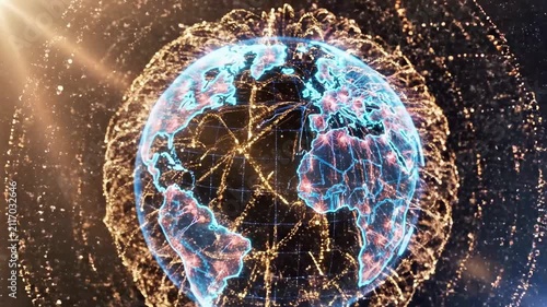 Glowing digital globe with light explosion network.