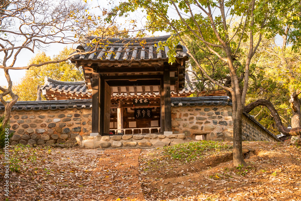 Fototapeta premium Traditional Korean Hanok Entrance Gate and Stone Wall Featuring Forest Background with Autumn Foliage