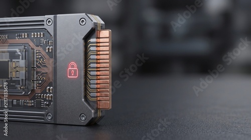 Enterprise quantum security hardware encryption enclave drive 3D illustration with copy space