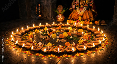 Glowing Diwali diyas surrounding colorful floral rangoli during traditional Hindu festival celebration with warm festive lighting indoors