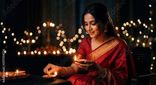 Indian woman in traditional saree lighting Diwali diyas with warm festive lights during Hindu festival celebration at home