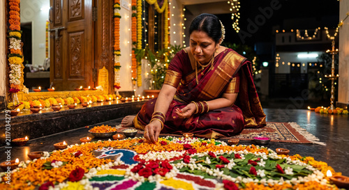 Indian woman creating colorful floral rangoli with flower petals outside decorated home during Diwali festival celebration at night