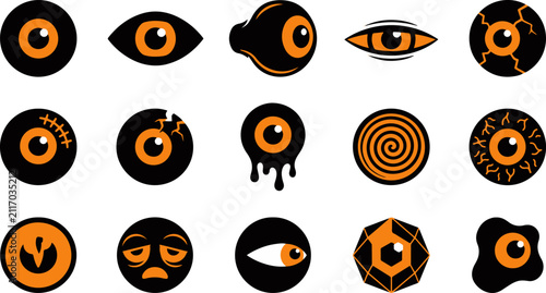 Quadro su tela Set of various stylized human eyes with dark aesthetic and orange iris details o