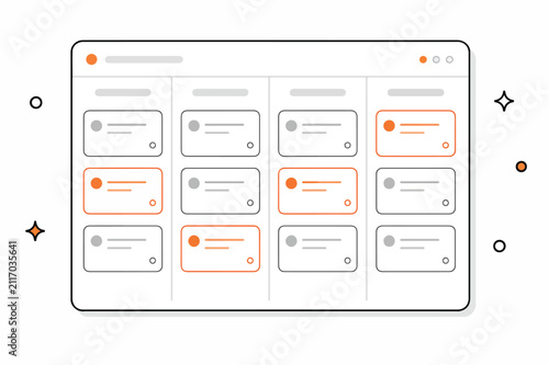Kanban board project management interface. Agile workflow task tracking vector illustration.