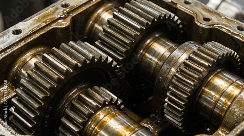 Close up of industrial gears and machinery in a workshop setting.