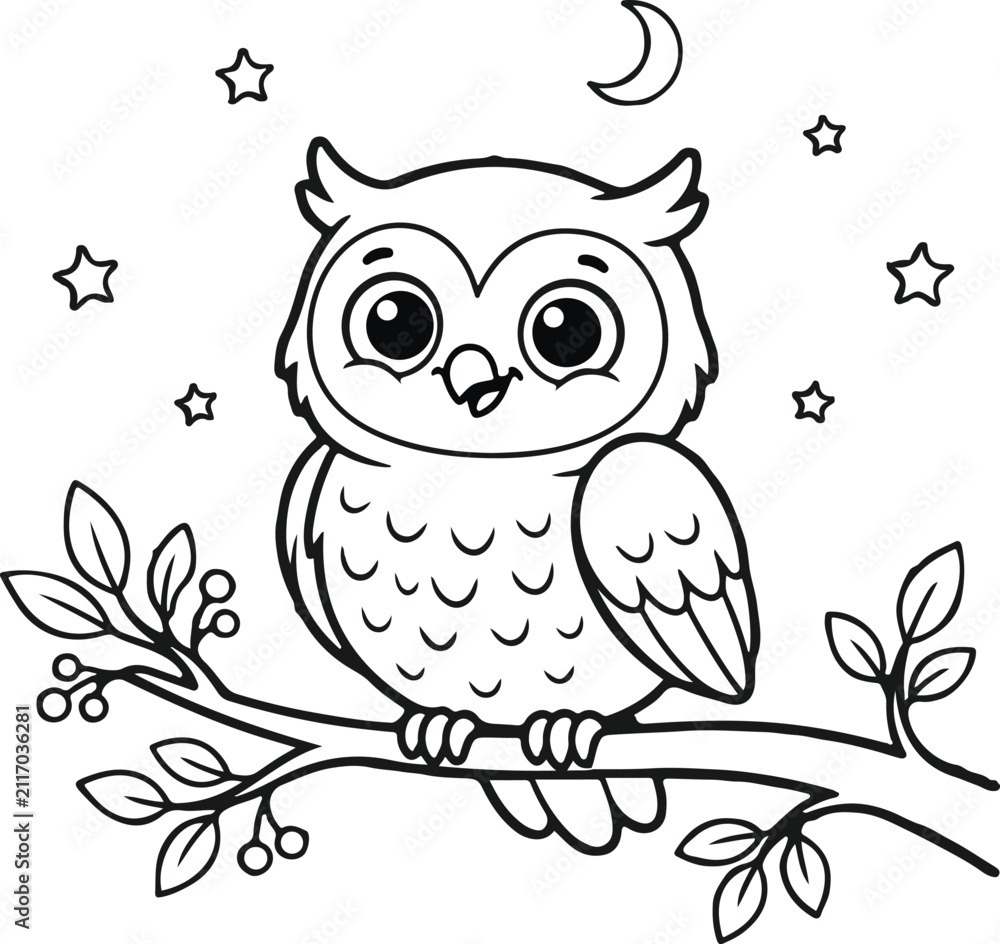 Fototapeta premium Cute cartoon owl sitting on a branch with stars Vector
