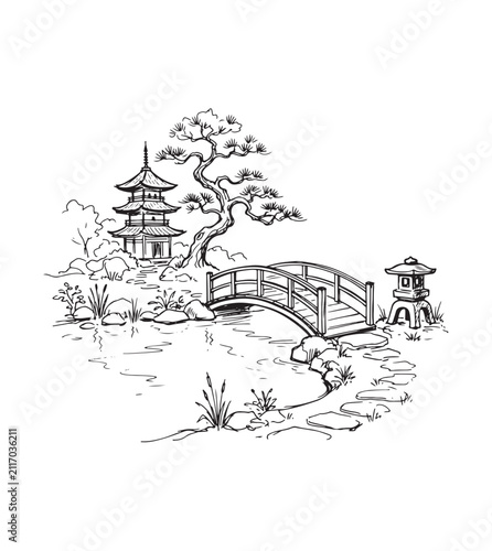 Japanese garden sketch with pagoda and bridge. Hand drawn zen landscape vector illustration.