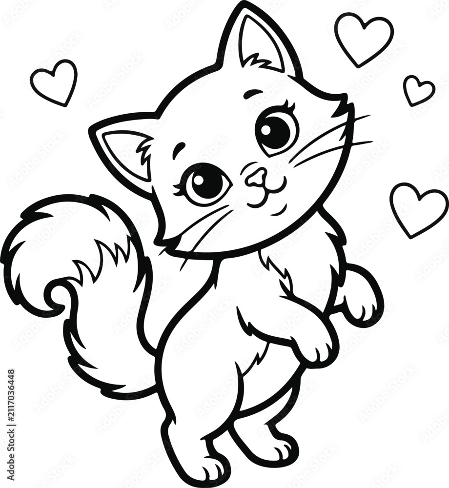 Fototapeta premium Cute cartoon kitten sitting with floating hearts Vector