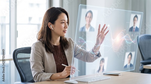 Asian businesswoman interacting with holographic video conference display in modern office.