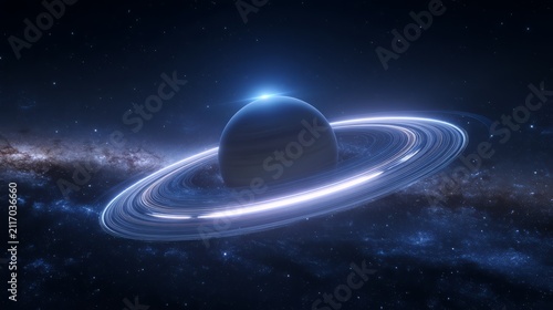 Dark Ringed Planet with Glowing Rings in Space