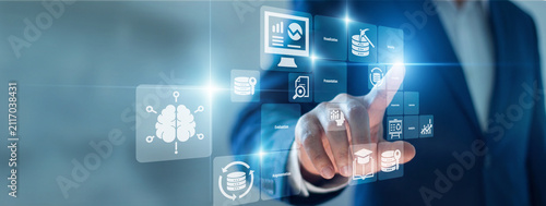 Foto Manager hand touch virtual screen accessing Business Intelligence dashboard metrics