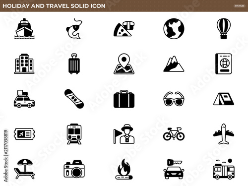 Set of Holiday and Travel Solid Icons in Black and White