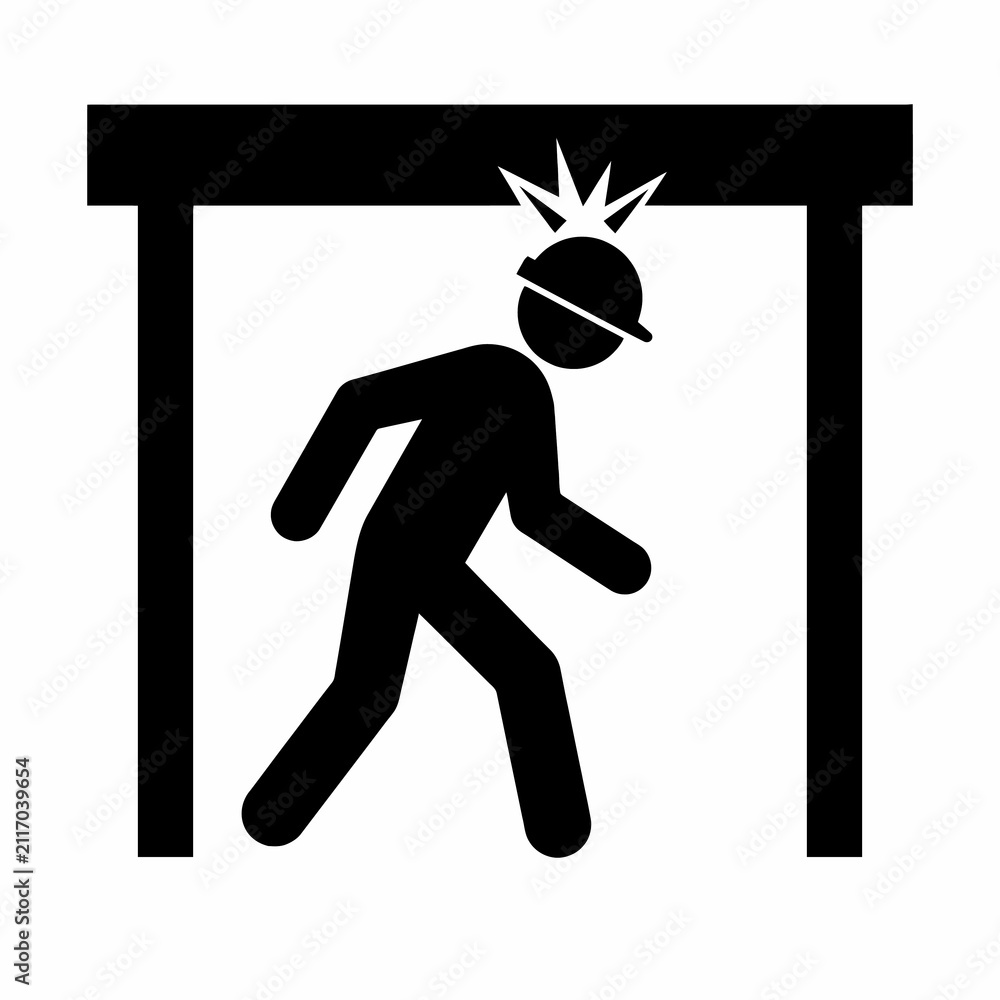 Fototapeta premium Industrial Low Headroom Warning Pictogram with Worker Hitting Overhead Beam Black Silhouette Isolated on White Background