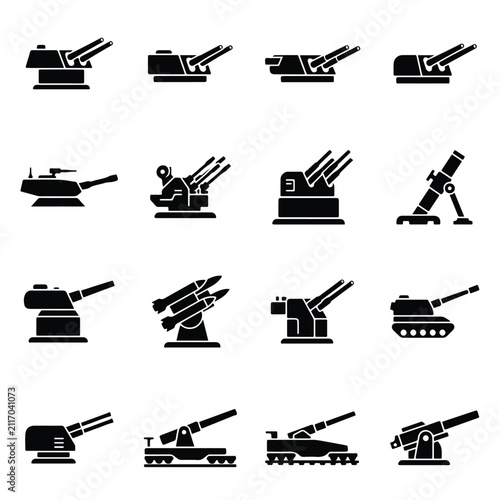 Картината върху платно Set of military artillery and weaponry icons featuring cannons and missile launc