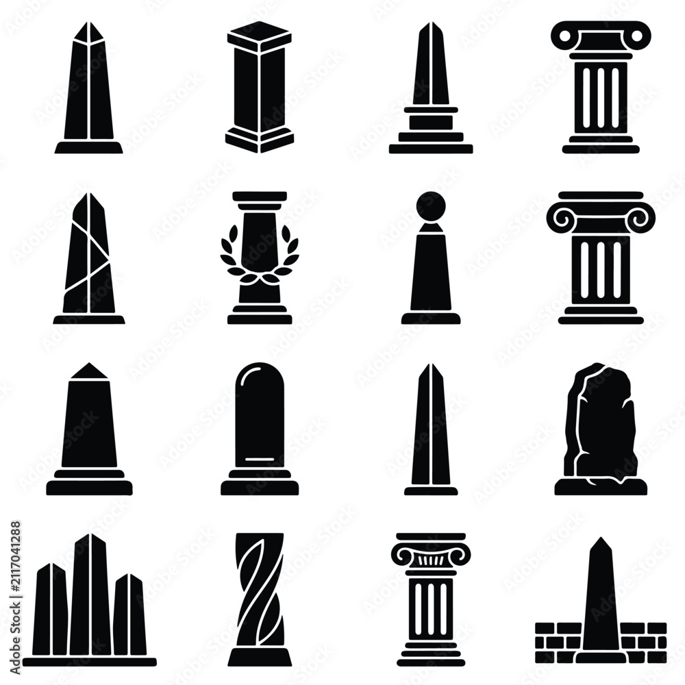 Fototapeta premium Set of architectural pillars and obelisk icons with architecture monument classical structure building heritage landmark construction archaeology ornament isolated silhouette collection