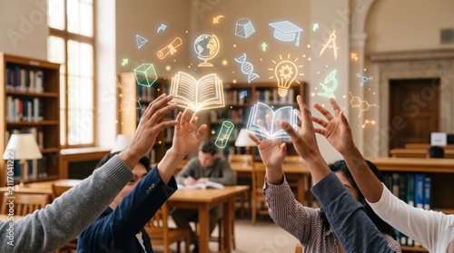 Students reaching for glowing books and education icons in library, e-learning, knowledge acquisition, academic research, science, innovation, graduation, school supplies