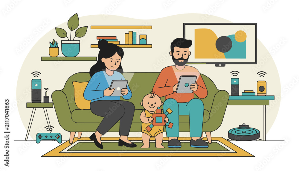 Fototapeta premium Family relaxing in a smart home living room using tablets while their baby plays and a robot vacuum cleans nearby.