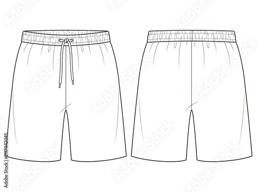 Basic athleisure sweat shorts technical fashion drawing template with elasticized waist drawstrings and side seam construction