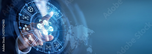 Crypto technology. Developer hand touch virtual dashboard screen analyzing Blockchain ledger transaction network and secure crypto data. Financial safety, innovation and futuristic digital interface.