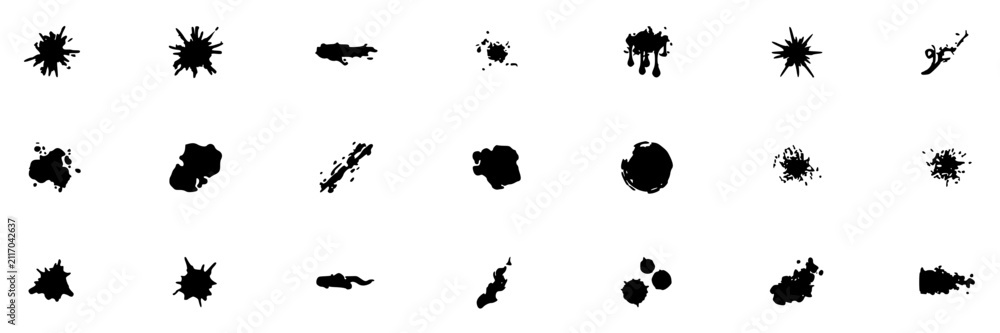 Obraz premium Splatter Patterns Arranged in a Grid Showcasing Various Ink Splatters and Dots Featuring Pattern, Black, Design with Art