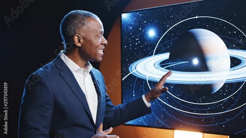 A male scientific communicator explains cosmic features while pointing toward a digital display screen which shows a glowing gas giant planet surrounded by massive rings in the deep outer
