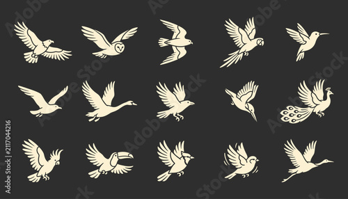Minimalist bird silhouette icons in vintage linocut style for brand identity