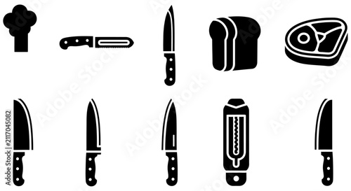 Black Silhouette Icons Of Various Kitchen Knives And Butchery Tools