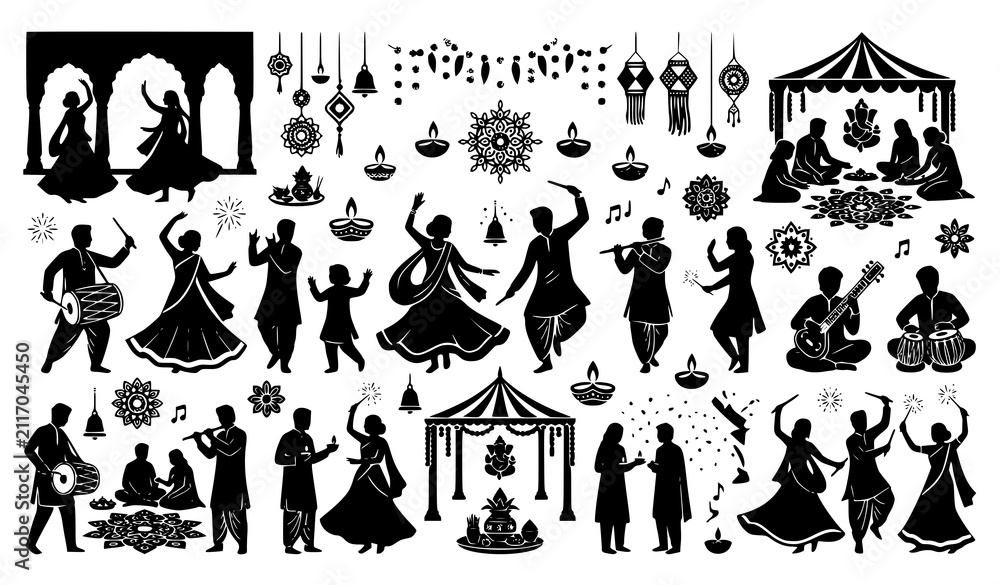 Fototapeta premium Indian Wedding Celebration Silhouette Collection with Bride Groom Rituals Decorations and Cultural Festive Elements