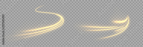 Glowing golden speed lines. Abstract traffic lines on the road. Light dust trail wave, fire path trace line, car headlights, optical fiber and filament curve swirl png.