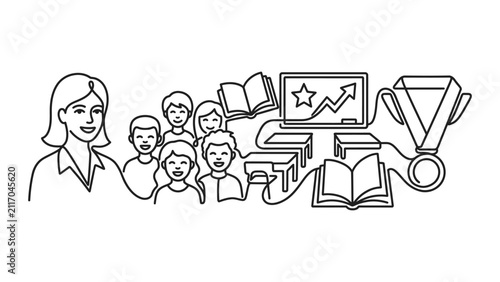 Teacher and Students Learning Together with Books and Awards