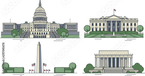 Washington DC Landmark Vector Illustration Set Featuring United States Capitol, White House, Washington Monument, and Lincoln Memorial Government Building Icons