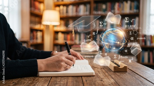 Student writing notes in notebook with holographic education icons like globe, math formulas and graduation cap floating above desk in library study environment.