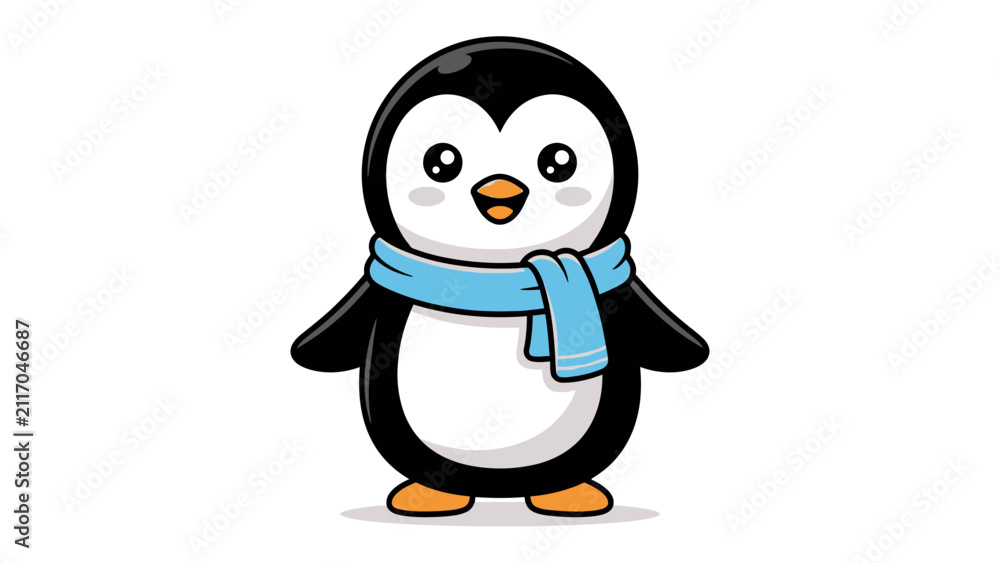 Fototapeta premium Cute Penguin with Scarf: A charming illustration of a baby penguin wearing a blue scarf, standing with its flippers by its side, ready for winter fun.