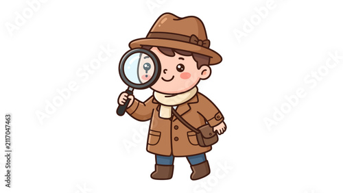 Bild auf Leinwand Curious Detective Boy: A charming cartoon boy dressed as a detective, complete with hat, trench coat, and magnifying glass, peers intently, ready for an adventure