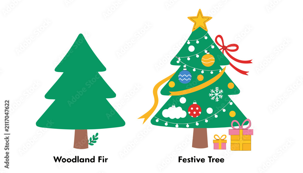Fototapeta premium Comparison between minimalist woodland fir tree and ornate decorated festive christmas evergreen plant illustration with against white background