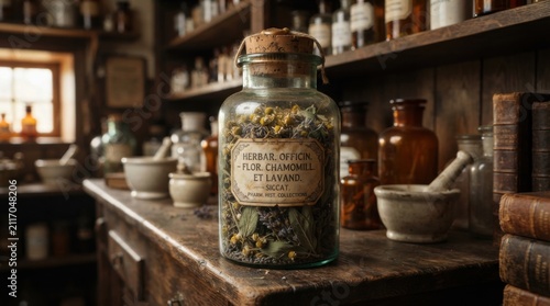 Vintage Herbal Medicine Jar in Traditional Apothecary Interior