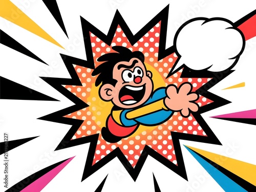 Retro Pop Art Comic Explosion Character with Bold Ink Lines and Dynamic Halftone Background, Cartoon Illustration