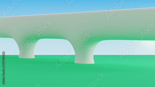 White organic architectural bridge structure extends gracefully on smooth pillars in a clean minimalist 3D illustration style across a green field under a blue sky, symbolizing future connectivity.