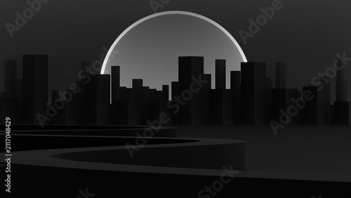 Dark city skyline silhouette and winding pathway stand under a giant glowing dome in a sleek monochromatic 3D illustration style against a dark landscape, symbolizing future vision and mystery.