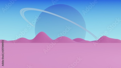 Pink alien landscape rises under a giant ringed planet in a smooth minimalist 3D illustration style against a soft blue sky horizon, offering a surreal backdrop for futuristic product display.