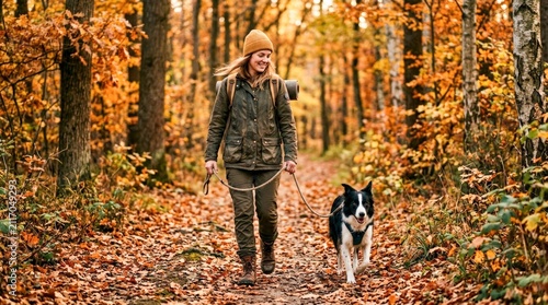 Woman Walking Dog in Colorful Autumn Forest.