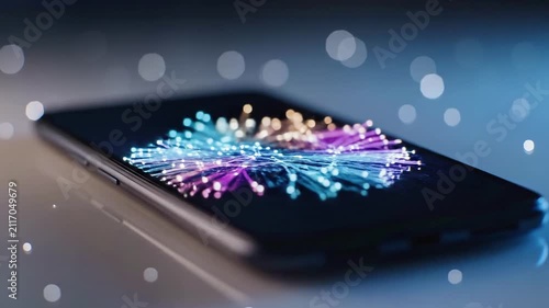 Smartphone screen with fiber optic light burst.