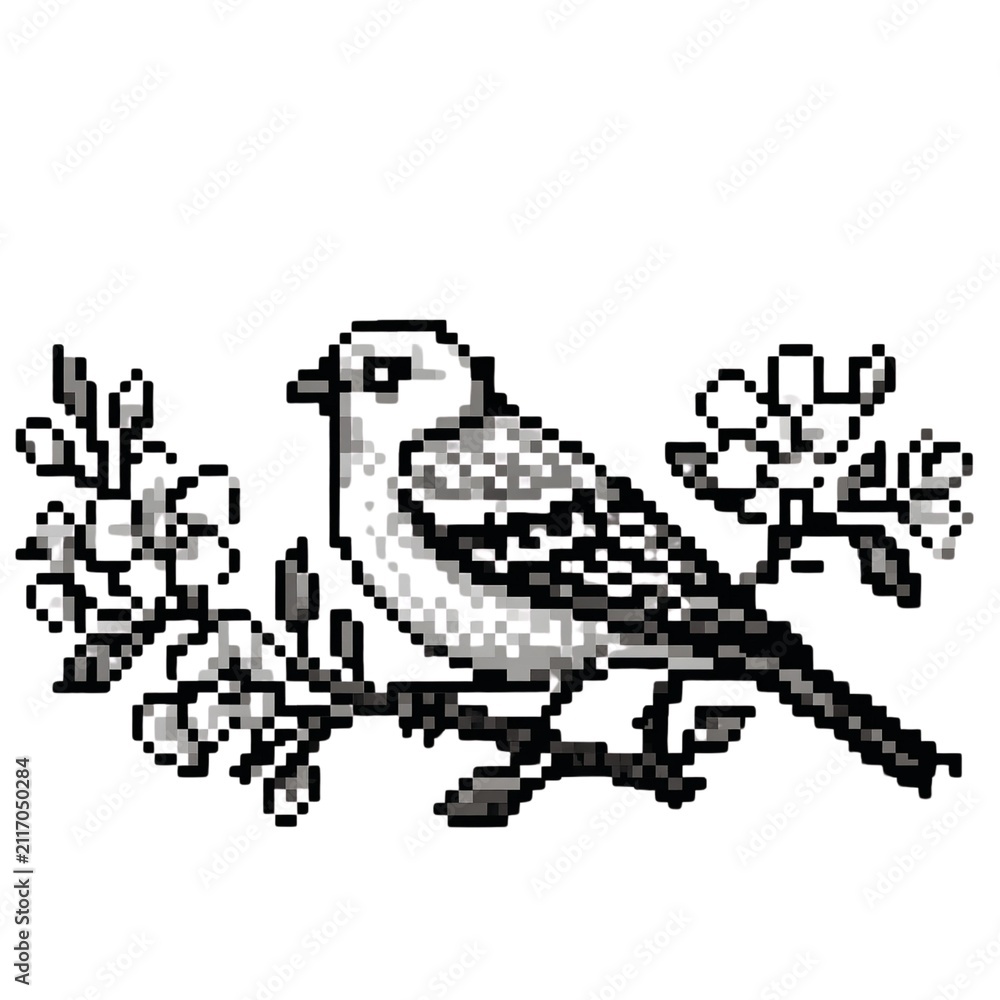 Obraz premium Pixel style black and white of a small bird perched on a flowering branch with cherry blossoms on a plain white background