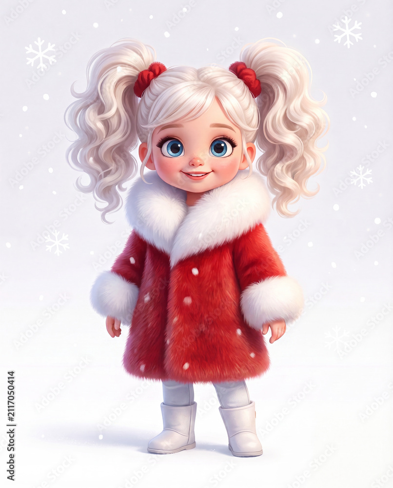 Fototapeta premium 3D Cute Little Girl with Blonde Pigtails in Red Fur Winter Coat and Snowflakes on White Background
