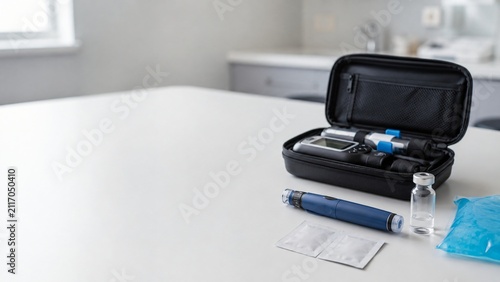 Insulin pen kit with vial and lancets on table, medical supplies for diabetes treatment.